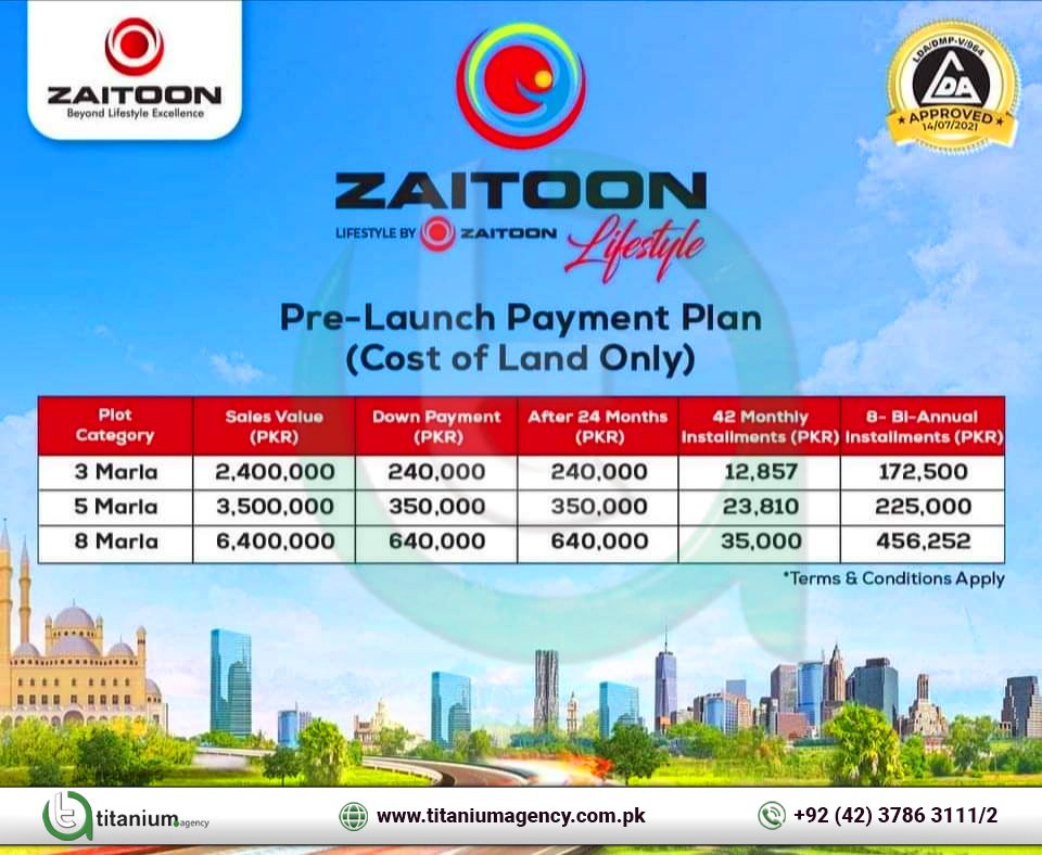 Payment Plan Of Zaitoon Lifestyle Lahore: